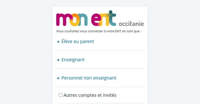 Page de connexion à l'ENT Occitanie, choix du profil élève ou parent