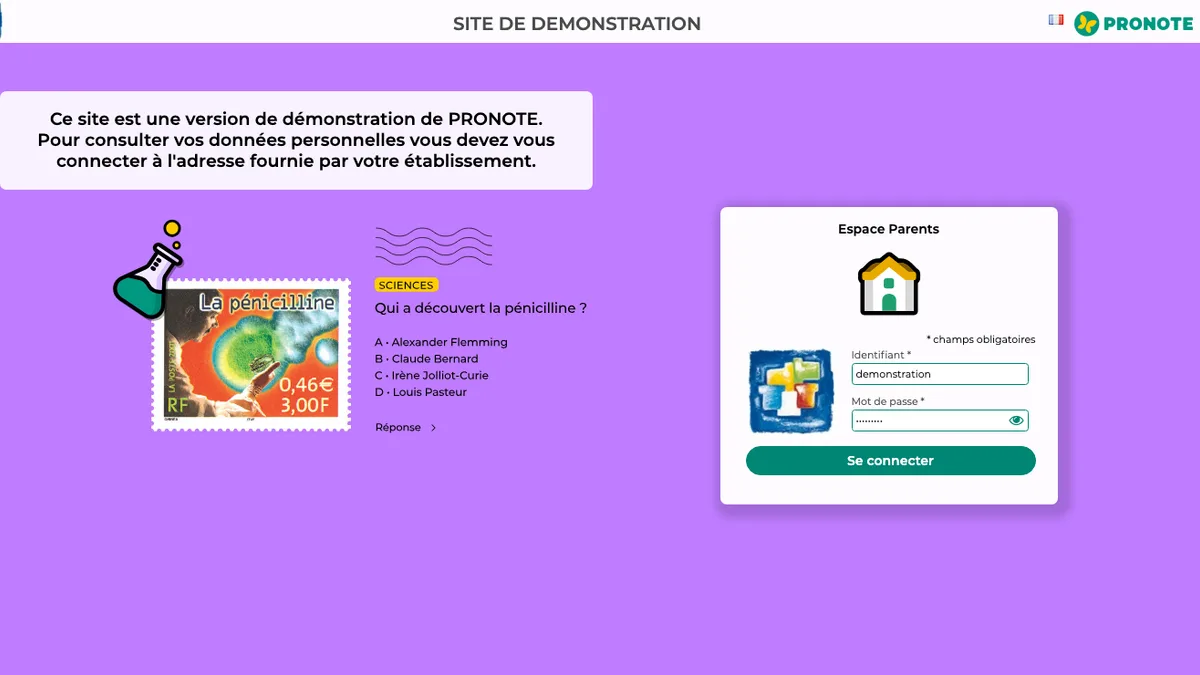 Page de connexion Pronote à l'Espace Parents, site de démonstration d'Index Éducation