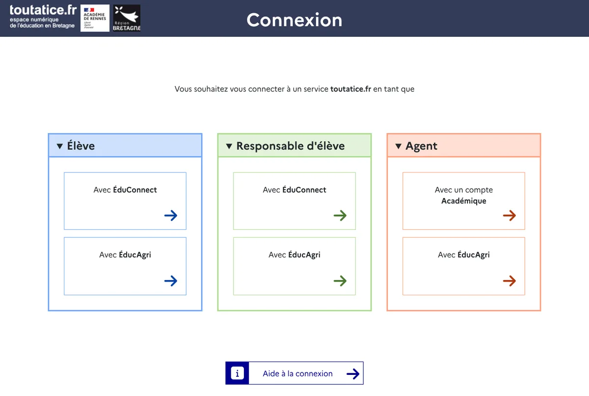 Page de connexion Toutatice : choix du profil élève, responsable d'élève ou agent