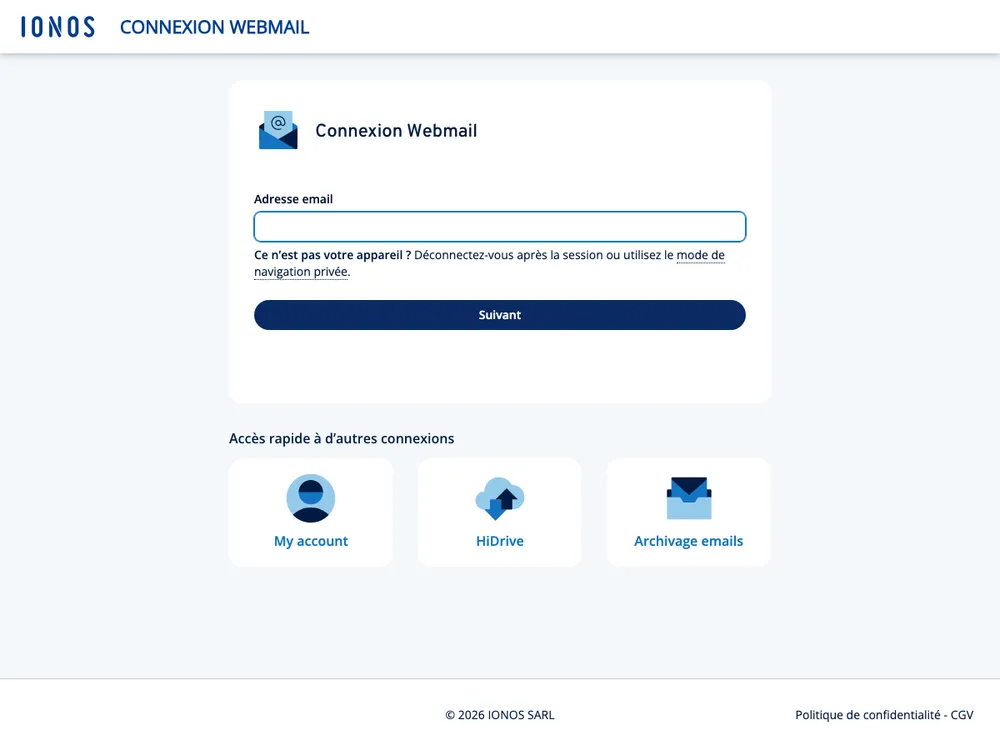 Page de connexion webmail 1and1 IONOS messagerie
