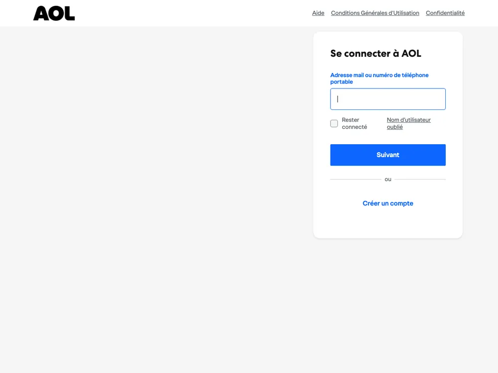 Page de connexion AOL Mail messagerie