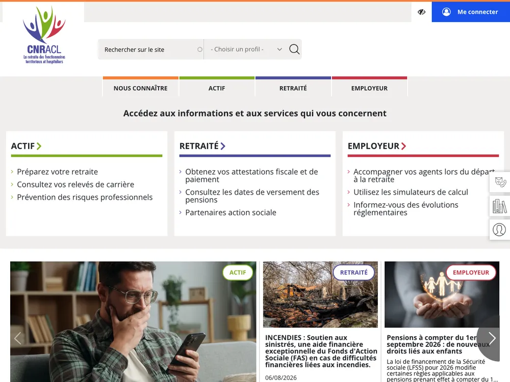Accueil du site CNRACL avec les profils actif, retraité et employeur