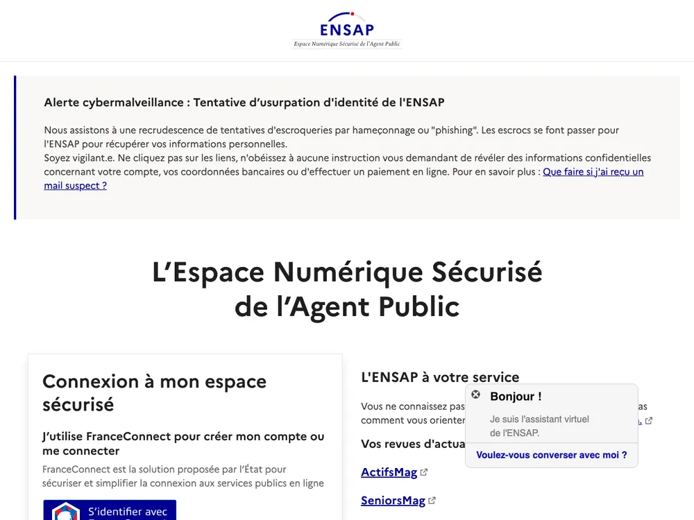 Page de connexion ENSAP espace numérique sécurisé de l'agent public