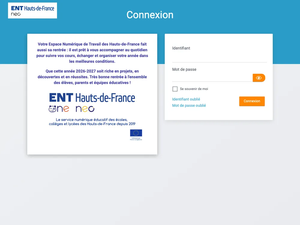 Page de connexion à l'ENT Hauts-de-France, identifiant et mot de passe