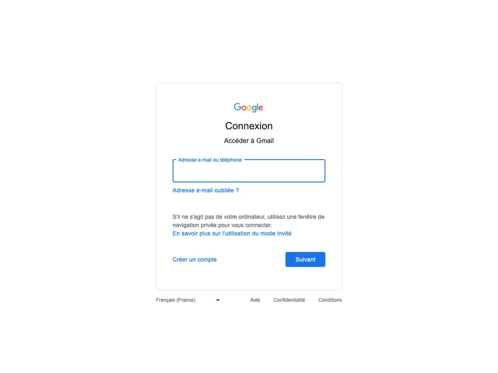 Page de connexion compte Google Gmail