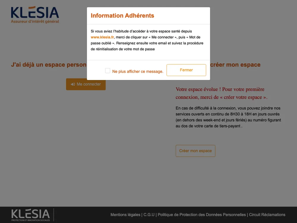 Page de connexion espace adhérent Klesia santé prévoyance retraite
