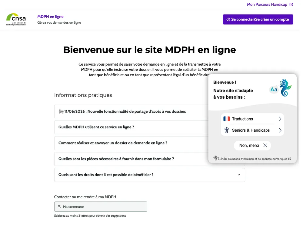 Accueil du site MDPH en ligne de la CNSA et son bouton de connexion