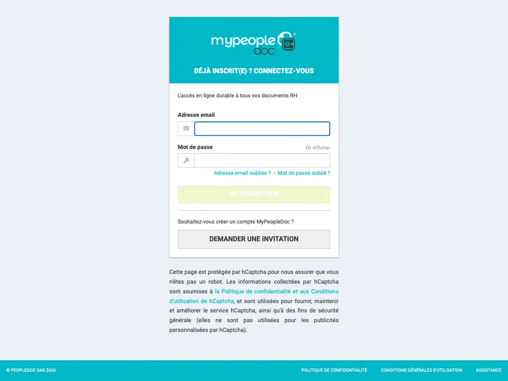 Page de connexion au coffre-fort MyPeopleDoc
