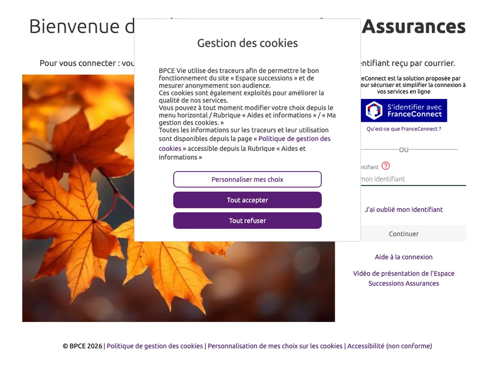 Page de connexion Espace Successions groupe BPCE