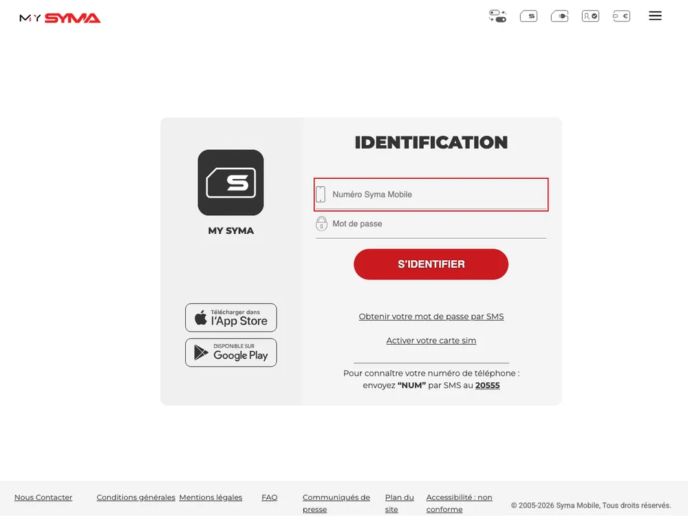 Page de connexion MySyma, espace client Syma Mobile