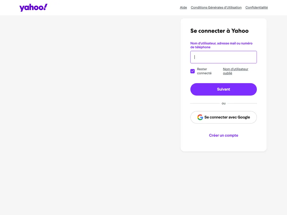 Page de connexion à mon compte Yahoo Mail, champ identifiant